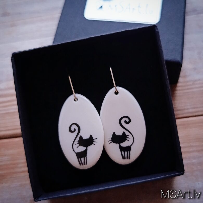 Oval Porcelain Cat Earrings with silver hooks