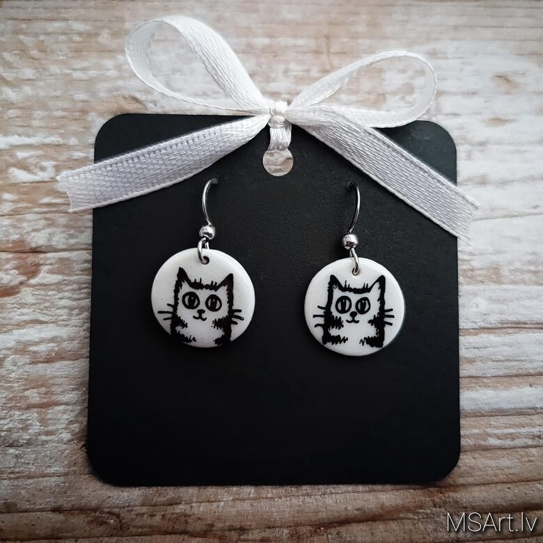White tabby cat porcelain earrings 