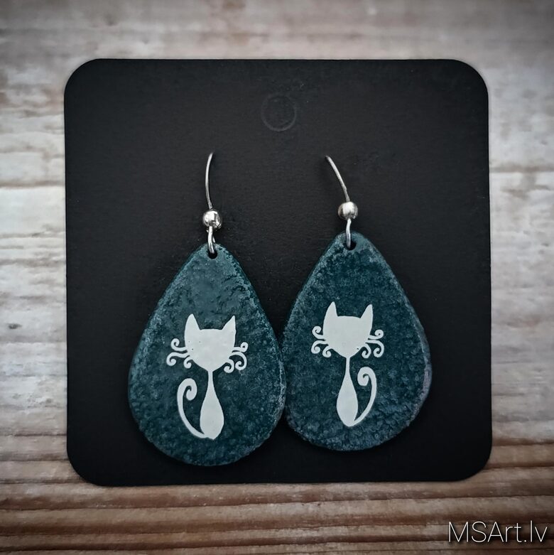 Dark tirquoise droplet porcelain earrings with cats