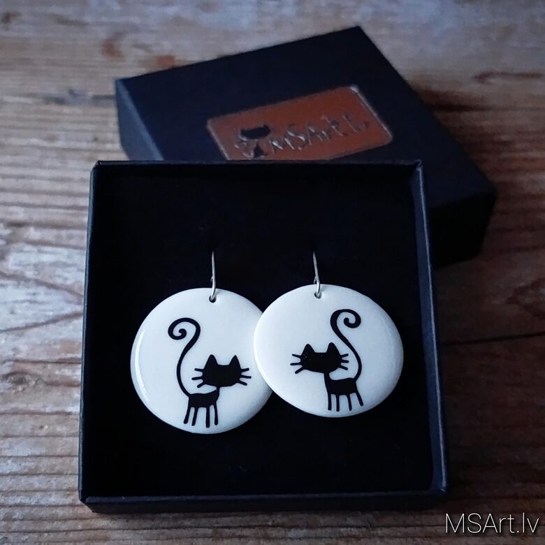 Porcelāna Kaķu auskari ar sudraba āķiem