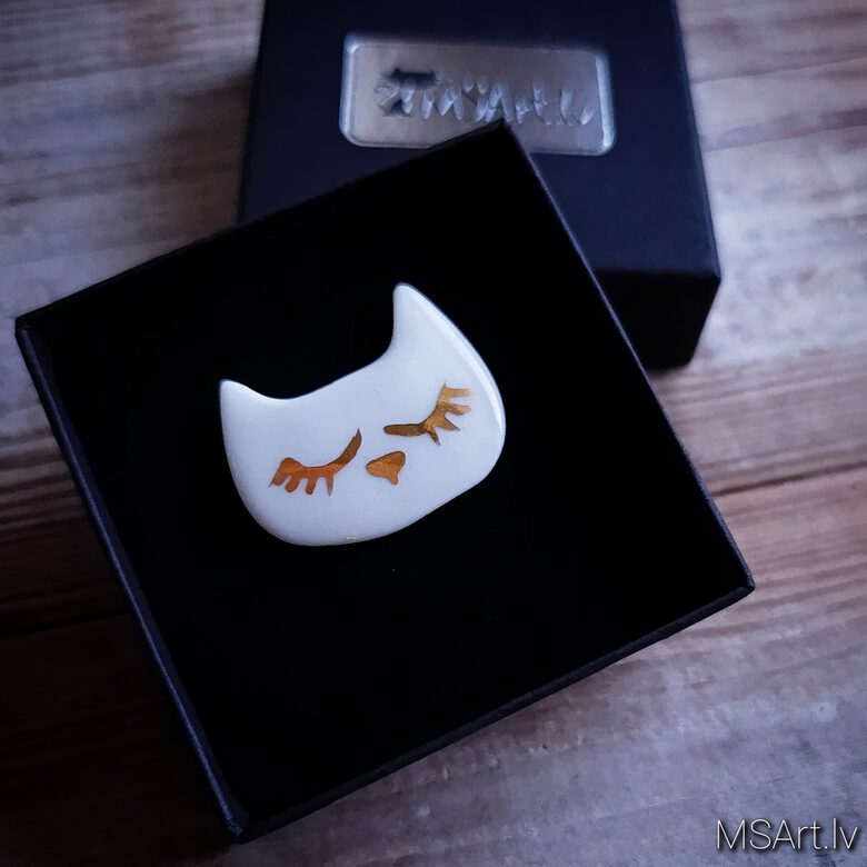 White Cat Brooch with gold accents