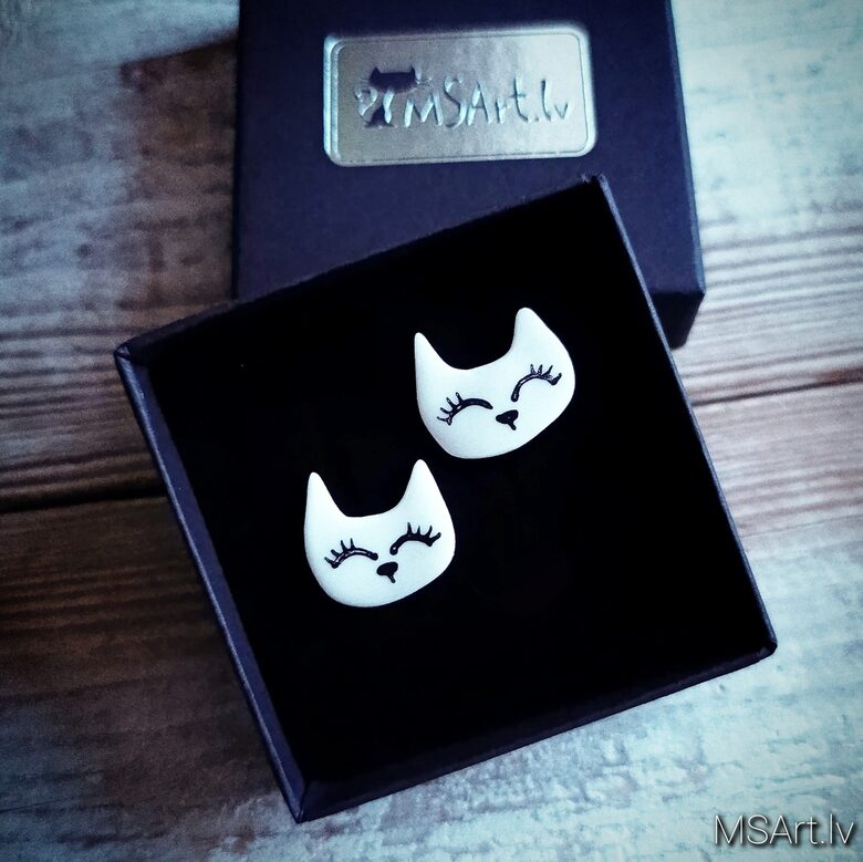 Porcelain silver stud earrings "Cats"