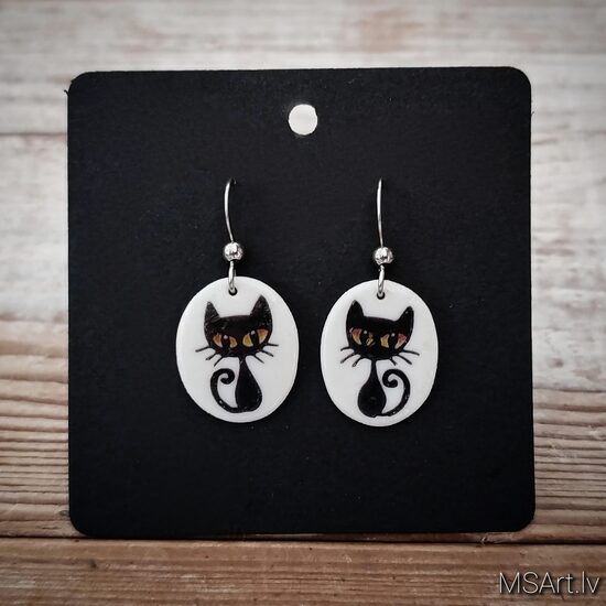 Porcelāna auskari "Melns kaķis ar oranžām acīm"