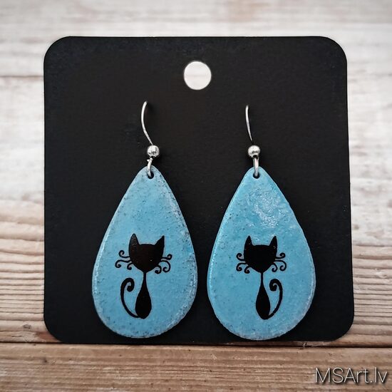 Zili Lāses formas porcelāna auskari ar kaķiem