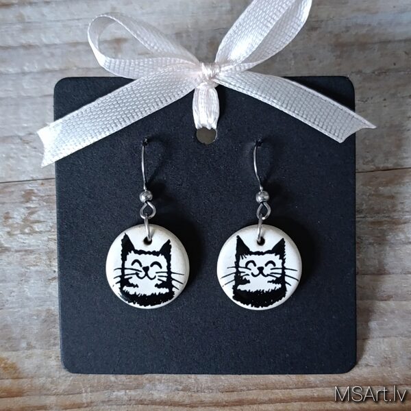 White ceramic clay earrings "Happy Cats"