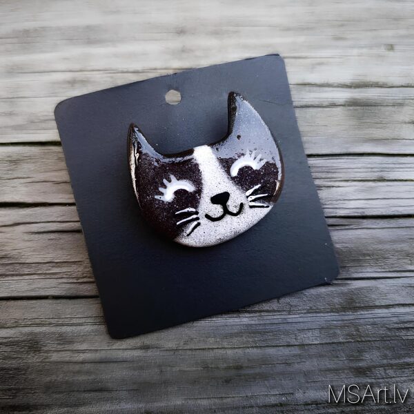 Porcelain brooch "Black&white Cat"