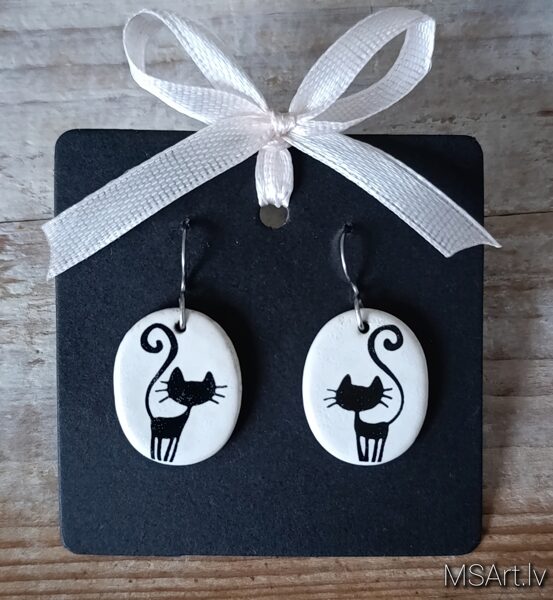 White ceramic clay earrings "Black Cats"