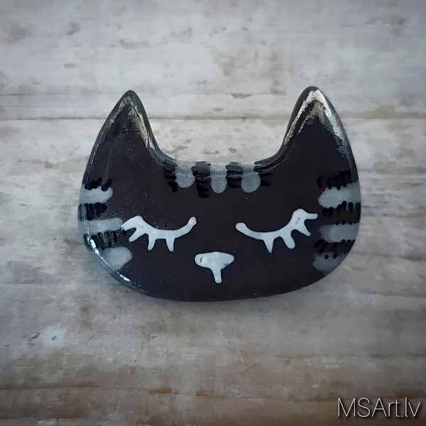 Porcelain brooch "Black Tabby Cat"