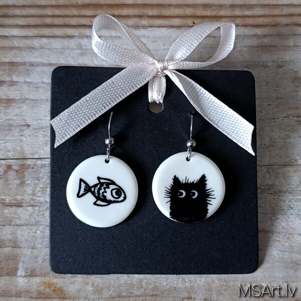 porcelain earrings ''Cat & Fish''