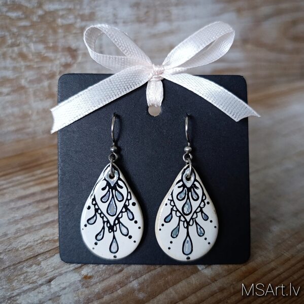 Droplet shaped white ceramic clay earrings ''Boho"