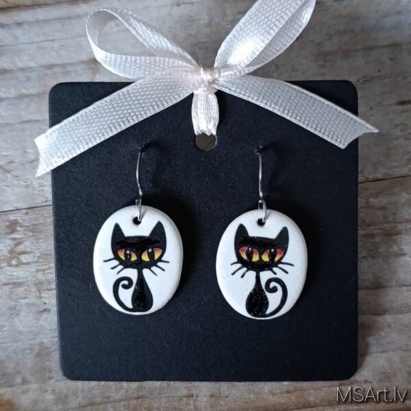  White ceramic clay earrings ''Black cat with yellow eyes"